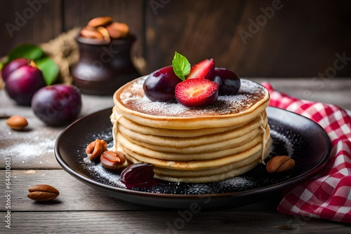 stack of pancakes with strawberry jam