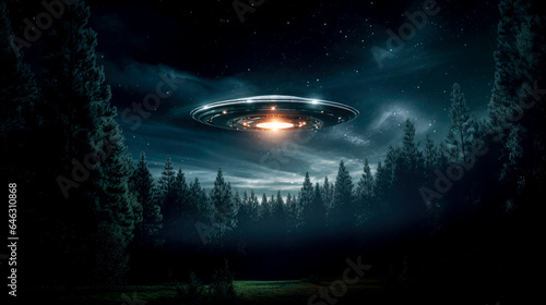 UFO or UAP flying in the sky above the woods - UFO sighting concept