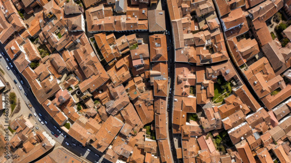 Aerial view of on tiled roofs of Mediterranean city