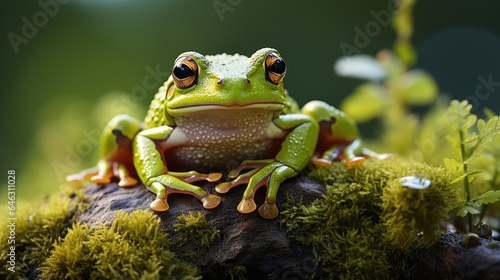 Tree Frog  on a green leaf with a background of trees around it