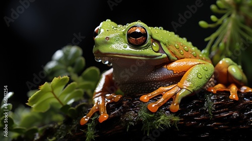 Tree Frog, on a Leaf with a dark Background