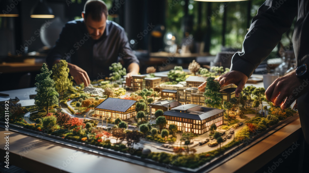 Close-up of the model of country town on the table.