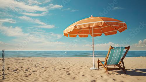 Pair of sun loungers and beach umbrella on deserted beach  perfect vacation concept