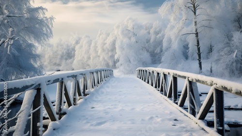 Snowy, wooden bridge in a winter day. © Lucky Ai