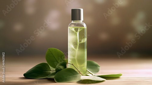 Pump Bottle containing refreshing body mist, placed alongside a sprig of leaves. AI generated