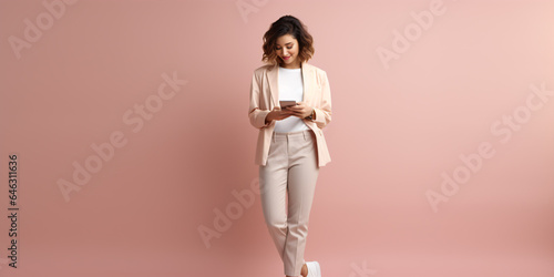 An energetic young lady, with a smartphone in hand, looks towards her workspace in a well-lit studio setting against a soft pastel backdrop