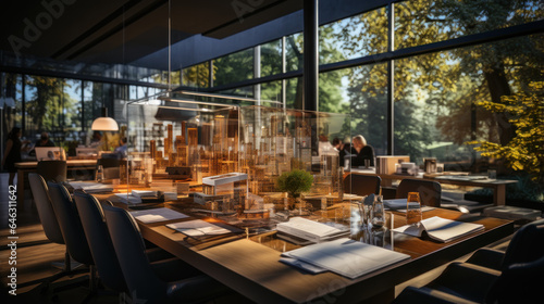 Interior architect model of modern restaurant with glass walls and large windows.