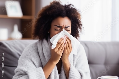  Portrait of African American woman blowing her nose, she has a sneeze and she is at home.