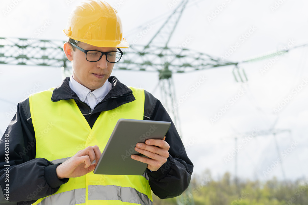 Engineer with digital tablet on a background of power line tower. Engineer with digital tablet on a background of power line tower.