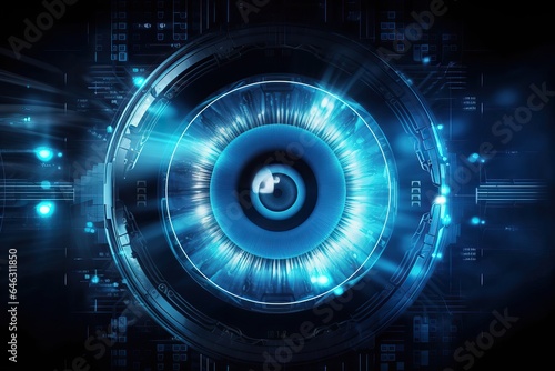 Futuristic Blue Electronic Eye Integrated into Information System