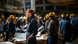 Architects and engineers working on a construction site. Selective focus on woman.