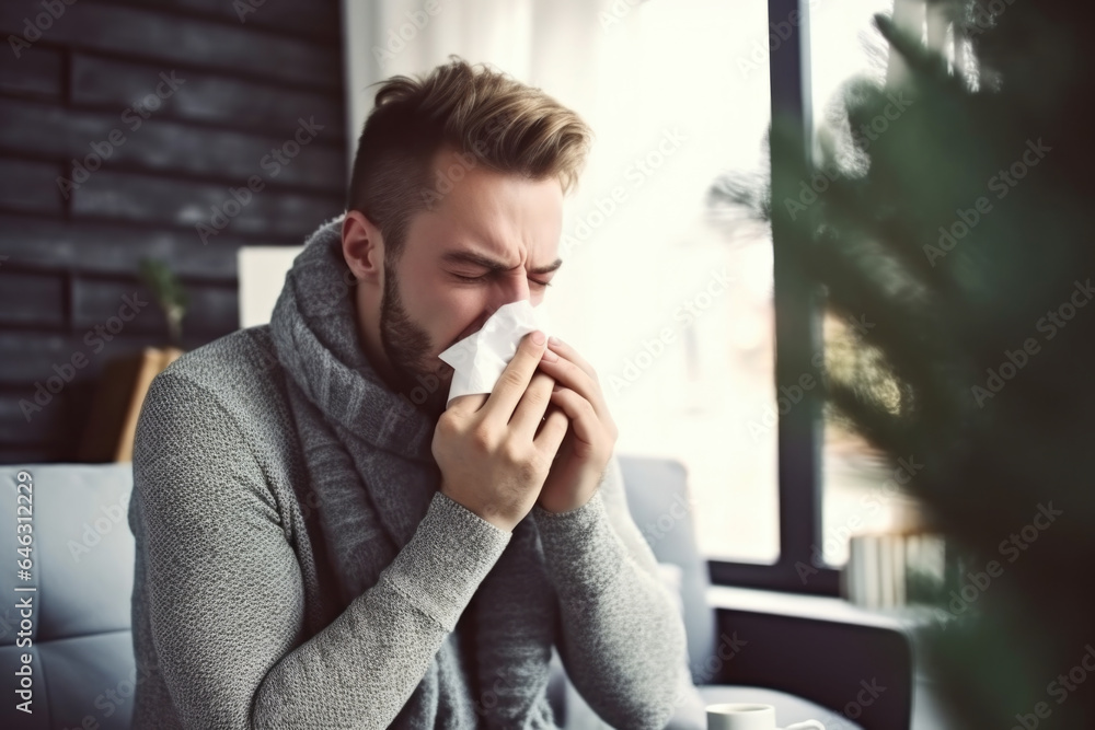 Portrait of young man blowing her nose, he has a sneeze and he is at home. Portrait of young man blowing her nose, he has a sneeze and he is at home.
