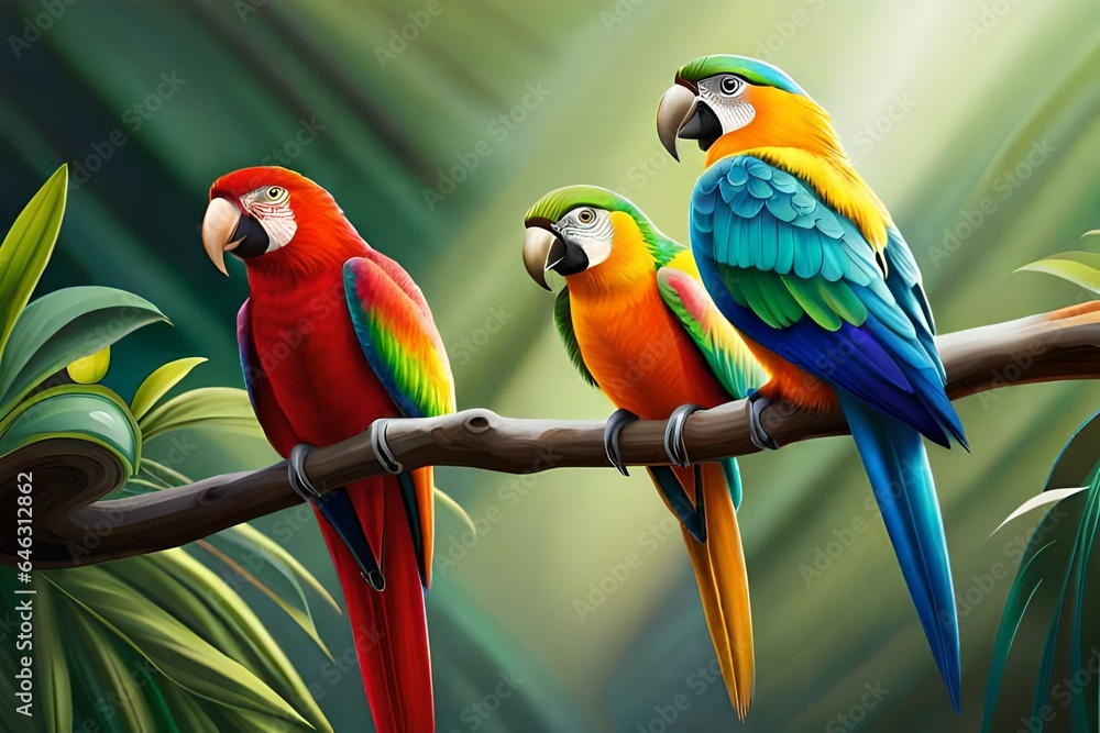three parrots on a branch AI Generated
