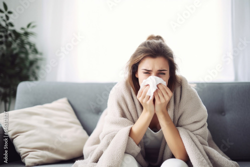 Portrait of young woman blowing her nose, she has a sneeze and she is at home.