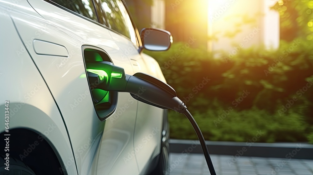 EV charging station for electric car in concept of green energy produced from sustainable source to supply to charger station in order to reduce CO2 emission EV charging station for electric car in concept of green energy produced from sustainable source to supply to charger station in order to reduce CO2 emission
