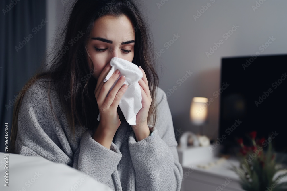 Portrait of young woman blowing her nose, she has a sneeze and she is at home. Portrait of young woman blowing her nose, she has a sneeze and she is at home.