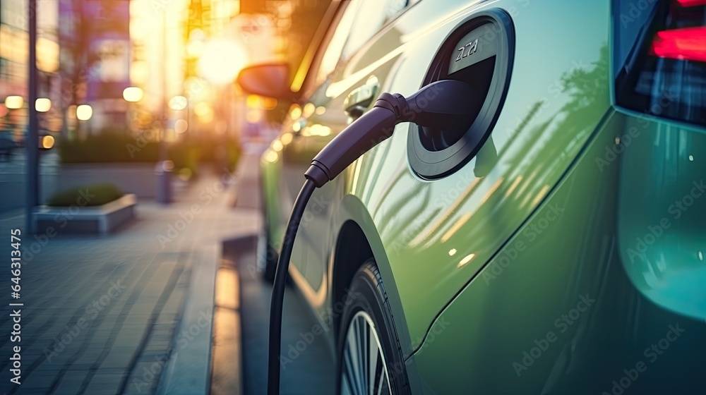 EV charging station for electric car in concept of green energy produced from sustainable source to supply to charger station in order to reduce CO2 emission EV charging station for electric car in concept of green energy produced from sustainable source to supply to charger station in order to reduce CO2 emission
