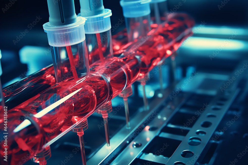 A stateoftheart robotic arm carefully pipetting a vivid red liquid