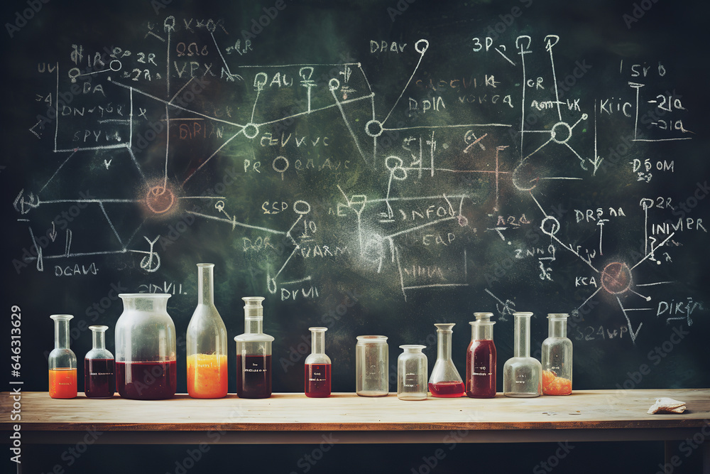 Detailed chemical equations scribbled on a chalkboard with evidence of chalk smudges and erasures, showcasing the process of academic problem solving - obrazy, fototapety, plakaty 