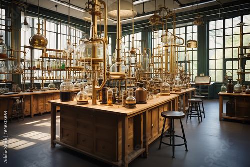 A vintage-inspired chemistry lab filled with wooden benches, brass instruments, and old-fashioned glassware, reflecting the history of scientific inquiry