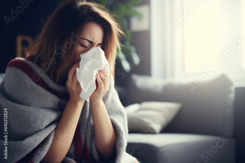 Portrait of young woman blowing her nose, she has a sneeze and she is at home.
