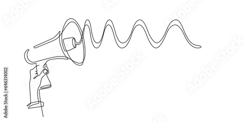 Continuous one line megaphone, loudspeaker hold by hand with sound wave. Single line of horn speaker for marketing promotion, news, business concept, announcement and employee hiring in linear style