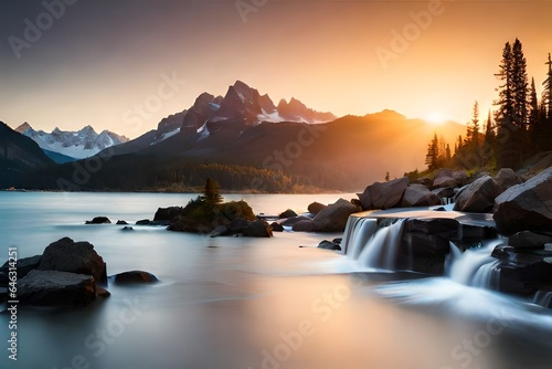 sunrise in the mountains and waterfall
