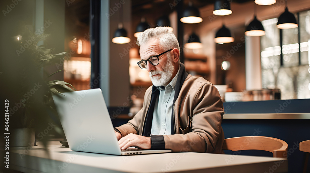 Fototapeta premium Senior man with gray hair and a beard works at a laptop computer in a cafe at the table. An active pensioner uses a computer.