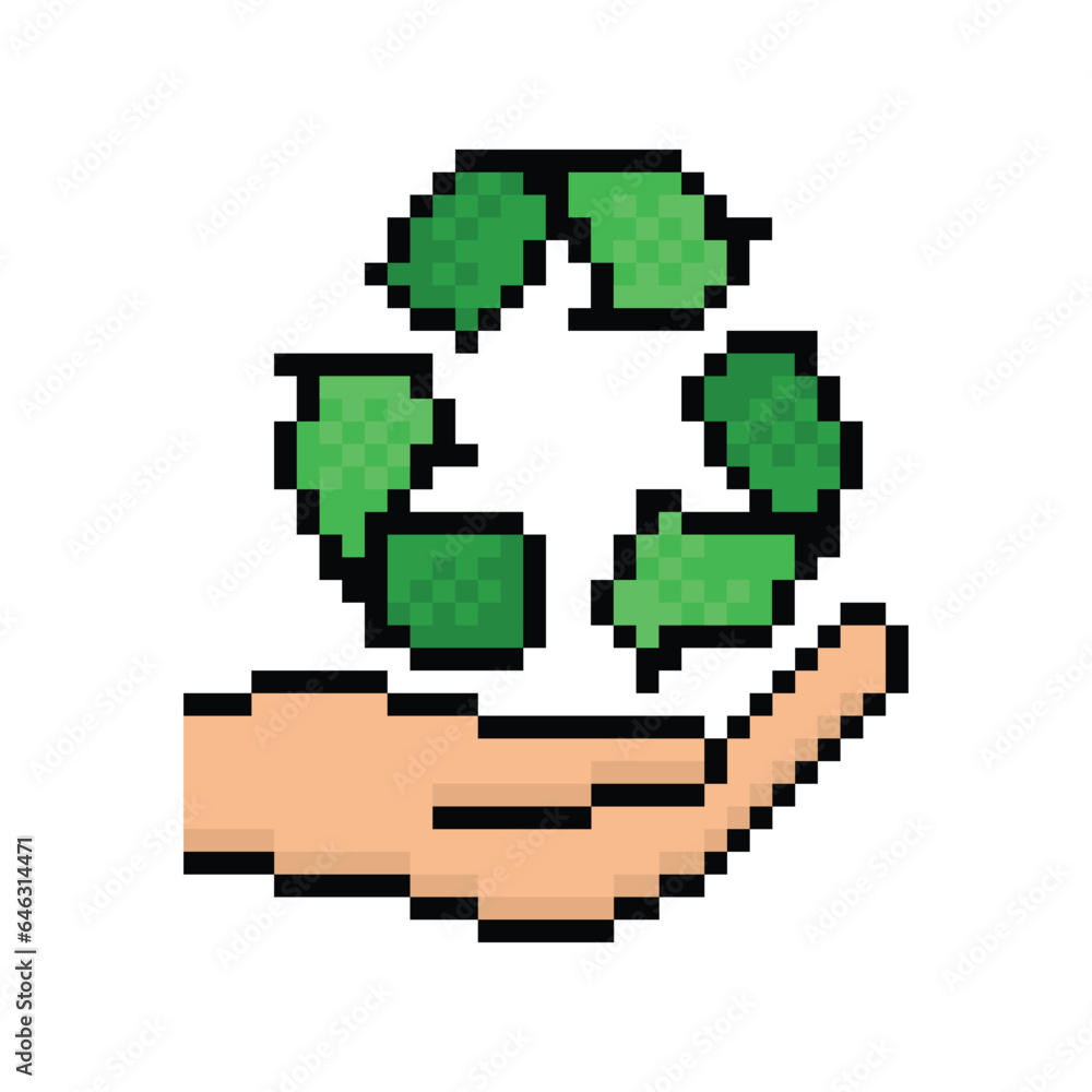  pixel hand holds recycling sign icon.  eco ecology sign recyclel art icon vector 8 bit game 