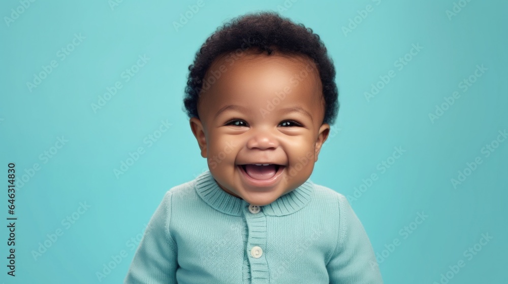 A studio portrait of a smiling afro newborn in neutral clothing. Generative AI A studio portrait of a smiling afro newborn in neutral clothing. Generative AI