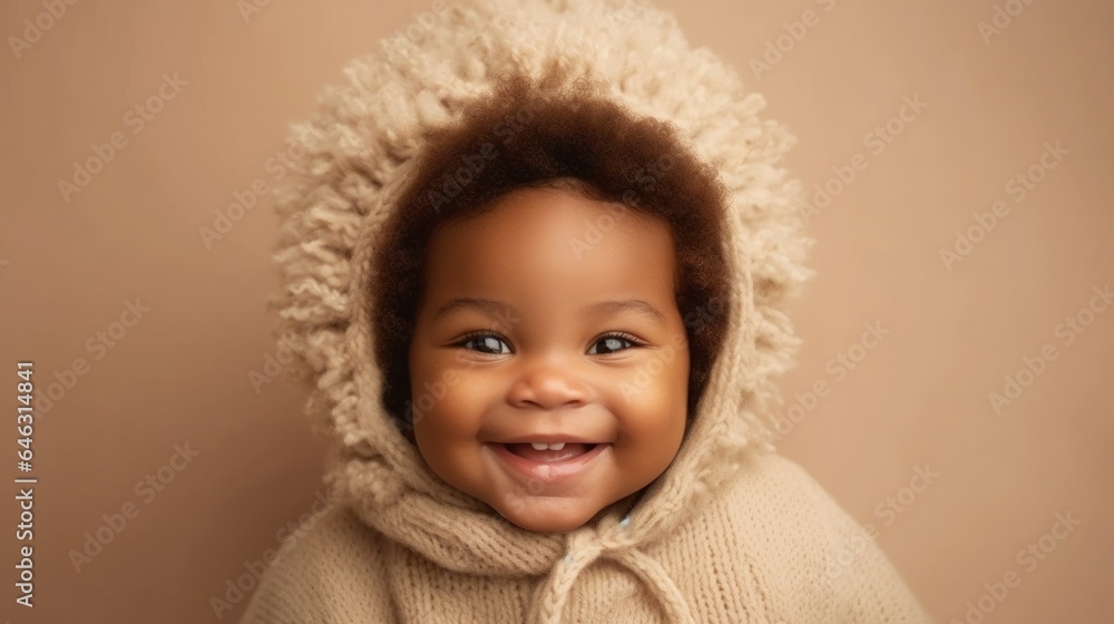 A charming afro newborn, dressed in neutrals, smiling against a studio canvas. Generative AI A charming afro newborn, dressed in neutrals, smiling against a studio canvas. Generative AI
