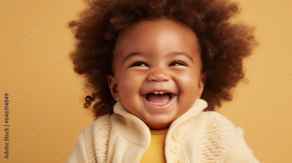 A smiling afro newborn in neutral clothing, posing against a studio background. Generative AI A smiling afro newborn in neutral clothing, posing against a studio background. Generative AI