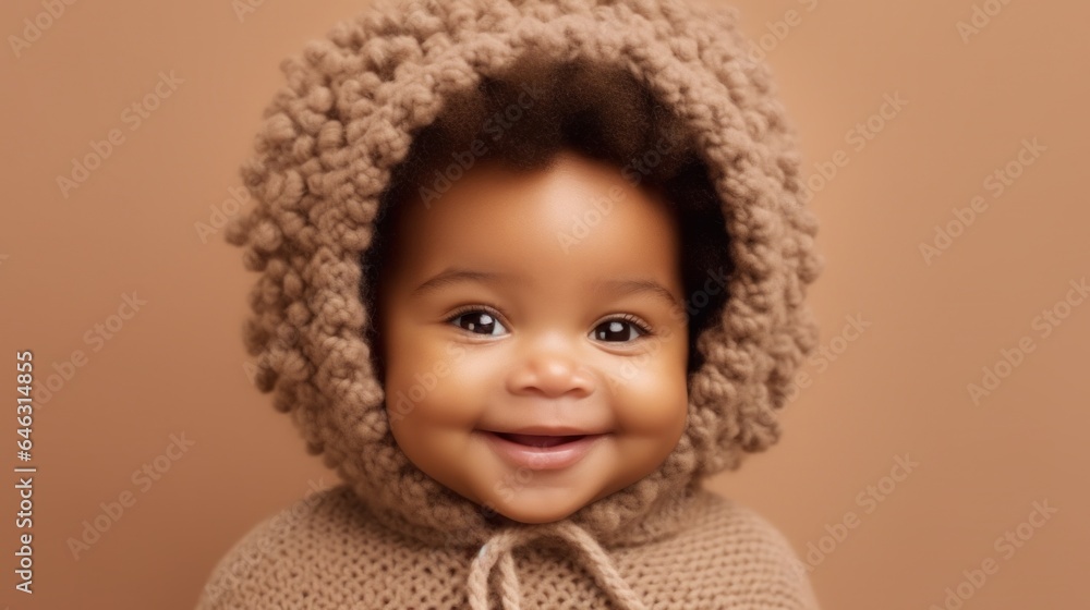 An adorable afro baby, wearing neutral attire, beaming on a studio backdrop. Generative AI An adorable afro baby, wearing neutral attire, beaming on a studio backdrop. Generative AI