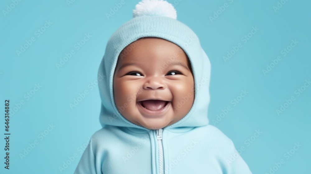 A charming afro newborn, dressed in neutrals, smiling against a studio canvas. Generative AI A charming afro newborn, dressed in neutrals, smiling against a studio canvas. Generative AI