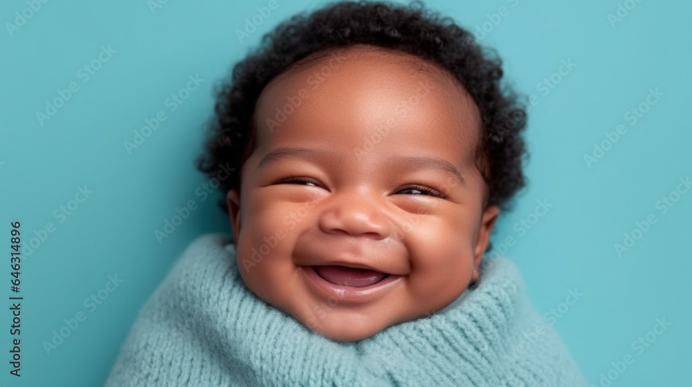 A charming afro newborn, dressed in neutrals, smiling against a studio canvas. Generative AI A charming afro newborn, dressed in neutrals, smiling against a studio canvas. Generative AI