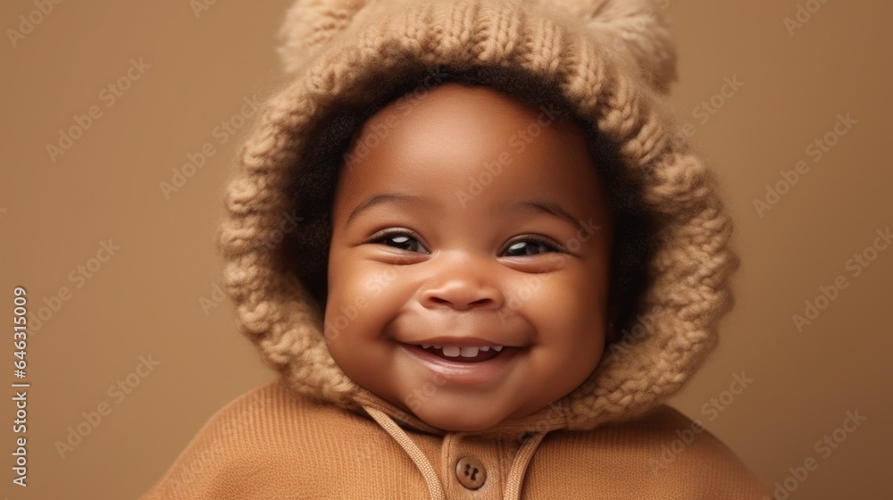 Adorable afro baby, dressed in soft colors, grinning in studio. Generative AI