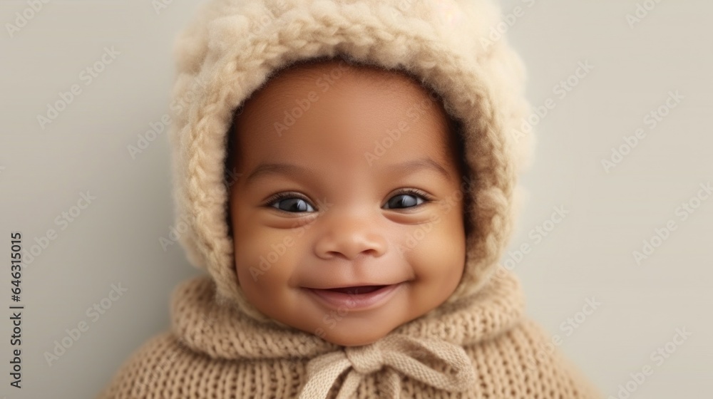 Cute infant with afro hair, neutral clothes, studio pose, beaming. Generative AI Cute infant with afro hair, neutral clothes, studio pose, beaming. Generative AI
