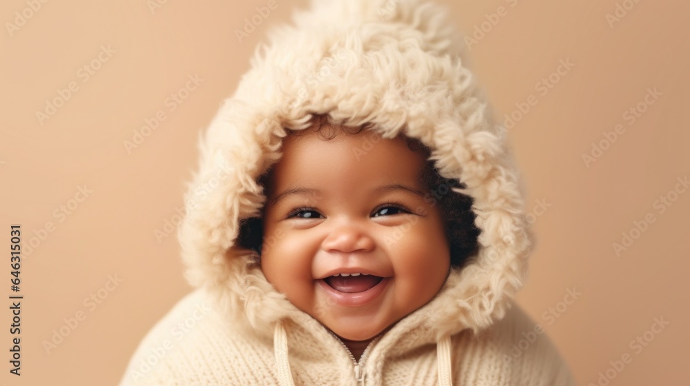 Cute afro baby in studio: neutral attire, big smile. Generative AI Cute afro baby in studio: neutral attire, big smile. Generative AI