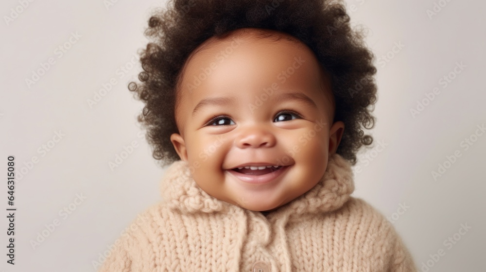 Smiling afro newborn, dressed in neutrals, studio shot. Generative AI Smiling afro newborn, dressed in neutrals, studio shot. Generative AI