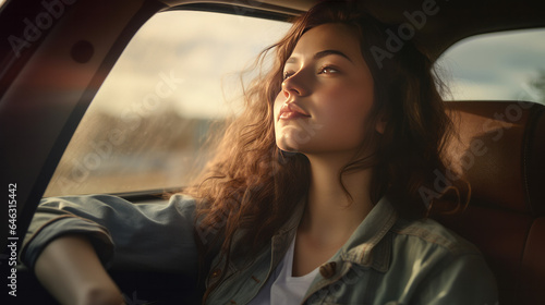 dreaming woman in car