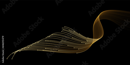 Vector wave lines smooth flowing dynamic gold gradient light isolated on black background for concept of luxury, technology, digital, communication, science, music