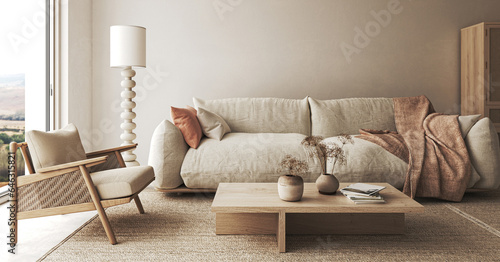 Boho beige livingroom with dry plant and mountain view background. Light modern japanese nature interior. 3d rendering. High quality 3d illustration