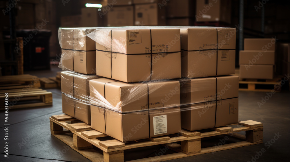 Stack of Package Boxes on Pallet in storage. Supply Chain Cardboard