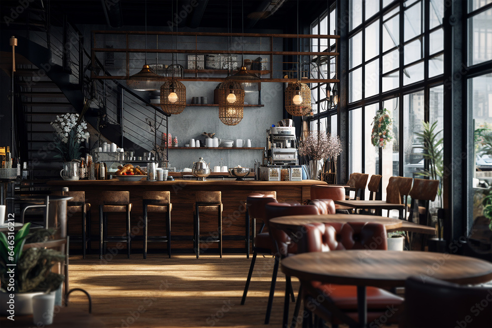 Fototapeta premium interior design of a cafe loft style, wood furniture, natural color, natural light generated by AI