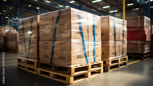 Stack of Package Boxes on Pallet in storage. Supply Chain Cardboard Boxes, Packaging Stoage. Cargo Shipment Logistics transport.