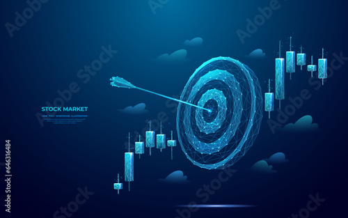 Digital target with bow arrow in bullseye with Japanese candlestick. Abstract stock market concept. Low poly wireframe vector illustration. Futuristic hologram in technology blue. Vector illustration.