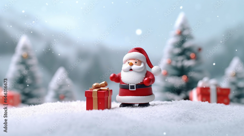 Santa Claus with gift box and Christmas tree on snow mountain, cute 3D illustration, Christmas background. Santa Claus with gift box and Christmas tree on snow mountain, cute 3D illustration, Christmas background.