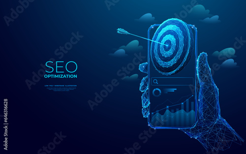 Abstract business target with bow arrow in a bullseye on smartphone screen. Hand-holding phone with target hologram. Digital SEO optimization concept. Futuristic low poly wireframe vector illustration
