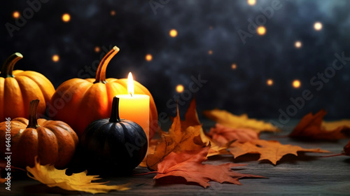 Pumpkins, candle and red maple leaves on dark background with glowing light, Thanksgiving and Halloween autumn background.