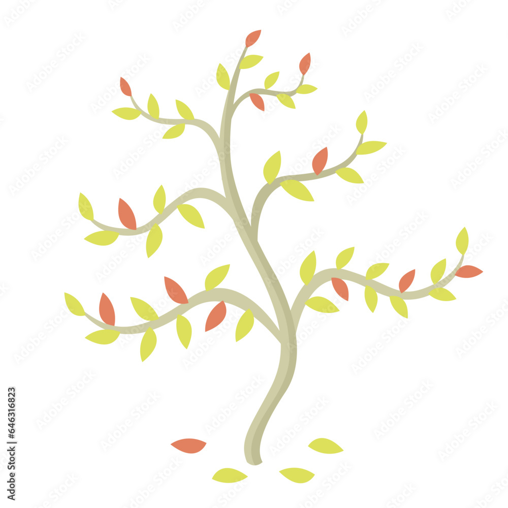 Minimalist flat autumn tree with yellow and red little leaves on white background. Organic forest concept. Vector simple illustration. Minimalist flat autumn tree with yellow and red little leaves on white background. Organic forest concept. Vector simple illustration.